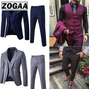 ZOGAA Men Dress Suits Fashion Business Slim Fit Wedding Groom Pure Color 3 Piece of Casual Plus Size 5XL X0909