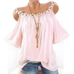 Frauen Einfarbig Spitze T-shirt Off-the-schulter Kurzen ärmeln Top Mit Ausschnitt Applikationen Oansatz Flare Hülse t-shirt femme Y0629