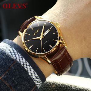 Männer Uhren Top Brand Luxury Olevs Mode Armbanduhren Einfache Leder Quarz Paar Uhr Für männliche Auto Datum / Woche Uhr Männer WaterPro