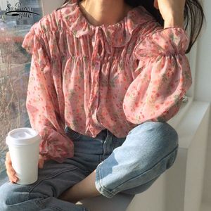 Autumn Long Sleeve Women Tops Blouse Printed Wild Chiffon Vintage Ruffled Pink Shirts Korean Clothes 10336 210521