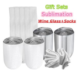 Sublimation Weingläser Socken Geschenksets Weihnachtsdekorationen 12 Unzen weiße leere Weingläser und Strümpfe Wärmeübertragungswasserflaschen A12