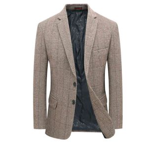 Manull Tweed Blazer Plaid Woolen Fabric Jacket Suit Navy Blue Camel Grey Costumn Homme Notched Collar Manschettknapp Design Coats 211111