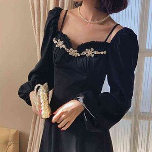 Design Elegant Midi Dress Women Long Sleeve Black Vintage Dress Office Laies Evening Party One Piece Dress Korean 2021 Winter Y1204