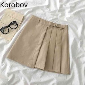 Korobov Donne di stile di gusto squisito Gonne a-Line Streetwear PU pieghettato Faldas Mujer Coreano Office Lady Zipper Mini gonna 210430