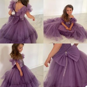 Flower Pretty Girl Dresses For Weddings Party Bows Bow Tiered Tulle Ruffle Floor_Length Lace Sequins Applices First Commonion Birthday Dress