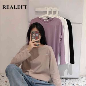 Uzun Kollu kadın Rahat T-Shirt Kore Tarzı Mektup Baskı Katı Renk Temel Dört Renkler Bayanlar Loosetops 210428
