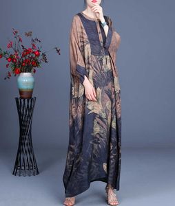 Primavera Plus Size Silk Patchwork Imprimir Irregular Longo O-Pescoço Vestidos Mulheres 210615