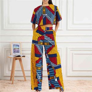 Women Printed Two Pieces Set O Neck Crop Tops High Waist Short Sleeves Vintage Female African Fashion Suits Retro Print 210416