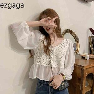Ezgaga Crop Tops Women Blouse Vintage Long Sleeve Korean Chic Spring V-Neck Hollow Out Patchwork Female Shirts Fashion 210430