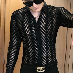 Sexy Transparent Lace Shirt Men Fashion See Through Clubwear Black Dress Shirts Mens Event Party Prom Top Blouse Chemise 210522