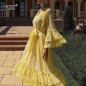 Amarelo oco vestido para mulheres v pescoço flare manga longa cintura alta lace up bowknot midi vestidos feminino verão moda 210531