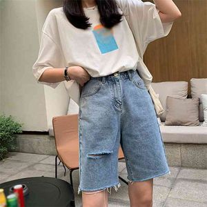 Street Wear Dżinsowe spodenki na wysokim talii Kobiety z Hole Jean Shorts Kobiety Summer Korean Style Women Bermuda Shorts 210611