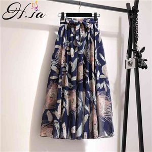 Hsa Summer Skirt Women Bow Tie Elastic Waist Long Pleated Saias Floral Chiffon Kawaii Tutu s jupe longue femme 210430