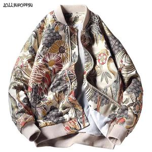 Japonia styl kwiatowy żuraw haft mężczyźni bombowiec kurtka beżowa stojak kołnierz streetwear varsity baseball płaszcz plus rozmiar 210819