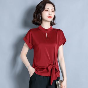 Blusas de seda coreana mulheres cetim blusa camisa verão mulher sólida cinto tops plus size blusas femininas elegante senhoras top 210427