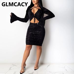 Kvinnor Flare Sleeve Glitter Bodycon Dress Sexy Knee Length Party Club Dresses 210702