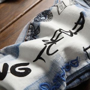 Жан Homme мужская писем вышивка джинсы Hole Patch Biker брюки высококачественные мужские повседневные дизайнерские дизайнерская уличная одежда хип -хоп хип -хоп