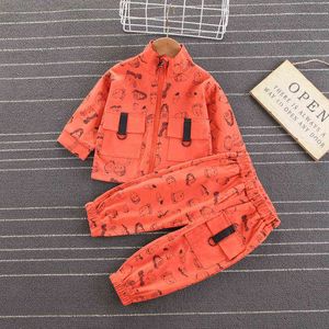 Baby Boys Fashion Cool Clothing Sets Autumn Winter Toddler Girls Full Print Cartoon with Big Pocket Coat Pants Kids Outfits G0119