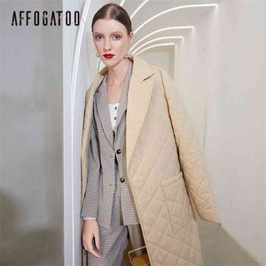 Affogato Long Dritto Cappotto con Rhombus Pattern Sasha Casual Sashe Inverno Parka Deep Tasche profonde Collare su misura Elegante Capispalla 210916