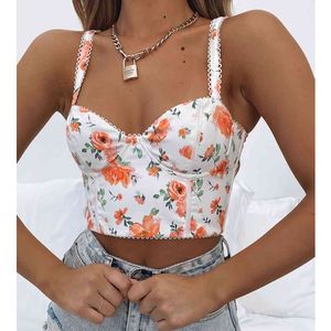 Women's Sexy Bustier Tops SleevelBacklFloral Zip Back Crop Tank Tops Summer Chic Straps Low Cut Corset Tops Streetwear X0507