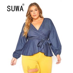 Ins Recomendar estilo coreano azul camisas blusas mulheres v pescoço de manga comprida ruffles elegante trabalho desgaste por atacado plus tamanho 210525