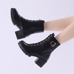 Boots Platform Shoes Women Motorcyle 2021 Winter Fashion Belt Chunky Booties Plush Riding High Heels Botas Retro Mujer 8499N