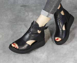 Tek Balık toptan satış-Kadın Deri Sandalet kadın Yamaç Aç Toe Balık Ağız Sandal Roma Ayakkabı El Yapımı Vahşi Kalın Tabanlı Ayakkabı Siyah Hakiki Deriler