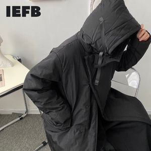 IEFB Men's black cotton padded jacket asymmetric Hooded winter long Coat loose casual oversize clothes zipper pockets 9Y4659 210524