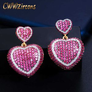 Czarny Złoty Kolor 2 Tone Rose Red Cubic Cyrkonu Dangle Drop Love Heart Kształt Kolczyki Dla Kobiet Party Biżuteria Cz814 210714