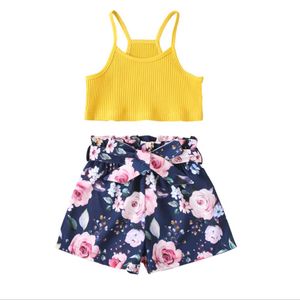 Baby Summer Clothing Set Floral Strap Tank Crop Top + High Waist with Belt Shorts Girls Tracksuits 2Pieces Sets ZYY1026