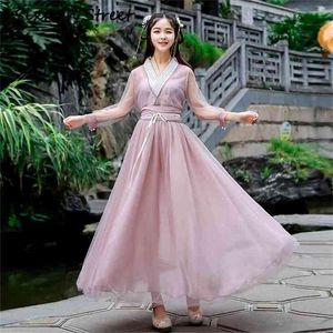 ロングレディースピンクのドレスエレガントなメッシュビンテージ中国風HanfuのボイルVネック足首長さの袖のイブニングパーティー210603