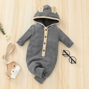 Babykleidung Bärenohr Kapuze Rippe Hong Jumpsuits Herbst 2021 Kinder Boutique Kleidung 0-2T Neugeborene Kleinkinder Schlichte lässige Babyanzüge