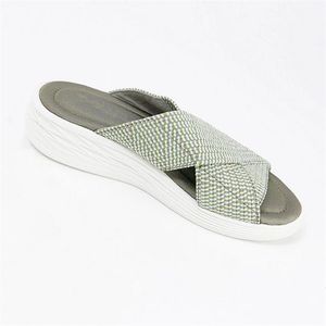 Sommarplattor Glidor Kvinnor Wedge Tofflor Mode Sticka Peep-Toe Mules Wide Cross-Over Straps Tjock Sandaler Blå Flip Flops Outdoor Shoes 001