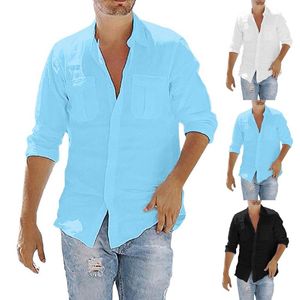 Camicie casual da uomo 2021 camicetta camicia di lino in cotone magliette larghe manica lunga tasca retrò tinta unita Top Plus Size 5XL