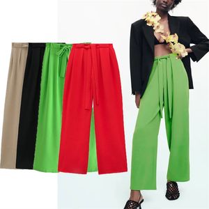 ZA Siyah Yüksek Bel Flowy Yaz Pantolon Kadın Elastik Ön Dart Bağlı Geniş Bacak Kadınsı Chic Vintage Pantolon 210915