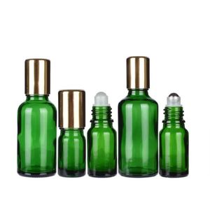 Boş rulo şişe 5 ml10ml 15 ml 20 ml 30 ml 50 ml 100 ml taşınabilir yeşil cam kozmetik ambalaj uçucu yağ şişeleri cam boncuk çelik rulo ile parlak altın kap