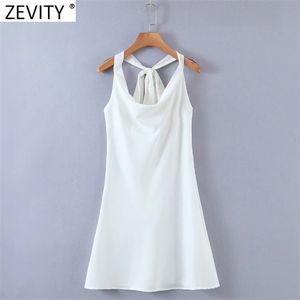 Women Sexy Solid Colar Sleeveless Hang On Neck Satin Mini Dress Female Chic Summer Backless Bow Tied Vestidos DS8227 210420