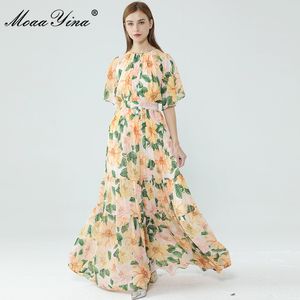 Moda Designer Dress Verão Mulheres Manga Curta Camélia Floral Impressão Lace-up Bohemia Férias Chiffon Maxi Vestidos 210524