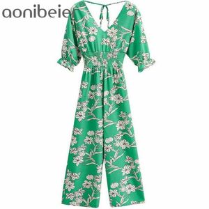 Mulheres Verdes Macacões Verão Pessoas Deep V Backless Elastic Elastic Cintura Alta Floral Impressão Casual Largura Ankle Comprimento Jumpsuits 210604