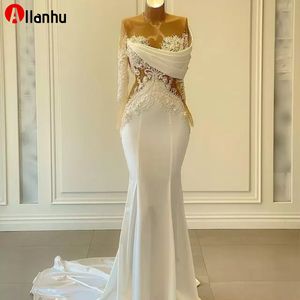 Illusion Long Sleeve Mermaid Prom Pageant Dresses 2022 Sheer Neck Beaded Lace Stain Fishtail African Evening Gowns Vestido 2022new