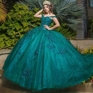 Hunter Ball Gown Quinceanera Klänningar Sequined Off The Shoulder Beaded Prom Lugnar Appliqued Sweep Train Tulle Sweet 15 Corset Masquerad Klänning