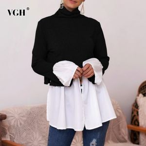 VGH Splicing Plissee Pullover Für Frauen Rollkragen Flare Hülse Casual Stricken Pullover Weibliche Mode Neue Kleidung Herbst 210421