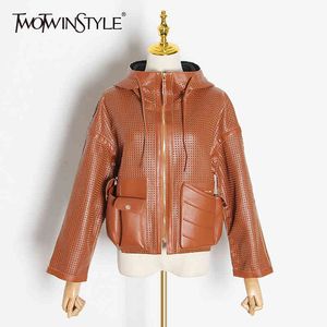 Casual Hollow Out Faux Leather Jackor för Kvinnor Hooded Långärmad Funktion Pocket Coats Kvinnlig mode kläder 210524