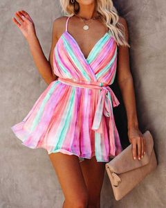 Kvinnor Mode Casual Short Dress V Neck Tie Front Spaghetti Strap Rainbow Color Backless Cami Mini Dress 210716