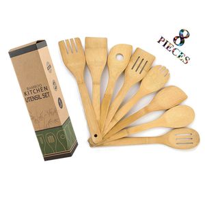 8Pcs/Set Bamboo Utensil Kitchen Cooking Tools Wooden Natural Healthy Easy Spoon Spatula Fork Mixing Kitchen Food Cooking Tools Y0428