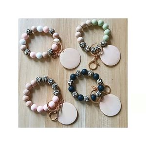 Foreign trade food grade silicone beads wrist keychain blank disc pendant key ring female multi-color optional