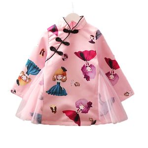 2020 Dziewczyny Sukienka Zimowe Dzieci Sukienki Dla Dziewczyny Chiński Styl Eleganckie ubrania dla dzieci Nowy Rok Tutu Cartoon Drukowane QIPAO Vestidos Q0716