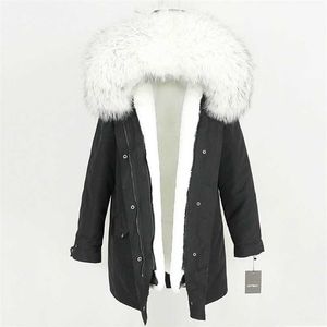 Waterproof parka longa inverno jaqueta mulheres casaco real casaco natural guaxinim peles enrugamento de pele faux peles forro de pele destacável 211129