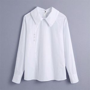 Kadın Yaz Moda Beyaz Gömlek Tops Bluzlar Uzun Kollu Yan Düğmeler Turn-down Yaka Kadın Rahat Top Blusas 210513