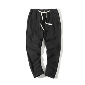 #2608 Summer Casual Cotton Linen Pants Mens Elastic Waist Black White Ankle-length Trouser Thin Pleated Joggers Plus Size 5XL X0723